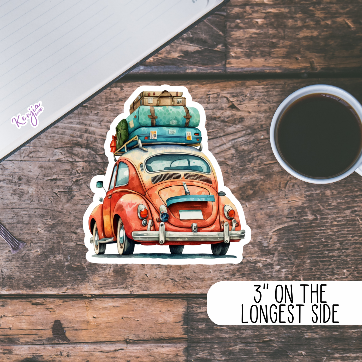 Cute handmade Traveling Car with Watercolor Effect: Waterproof Matte