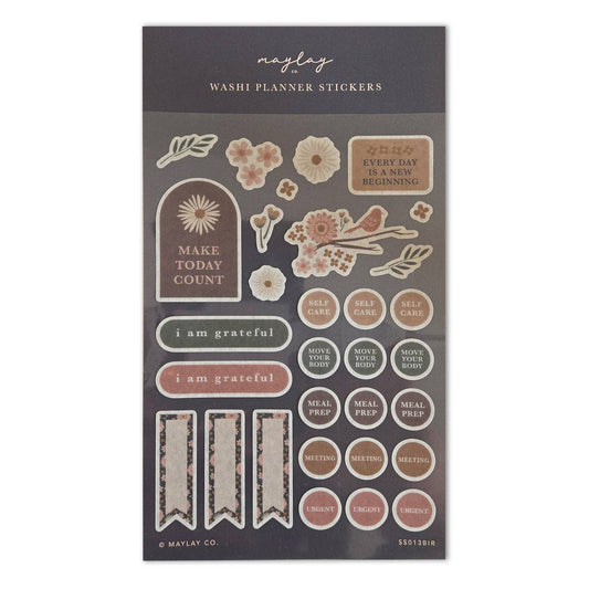 Birdy Floral Washi Planner Stickers — Mindful Sticker Sheet for Planners, Journals & Bullet Journaling