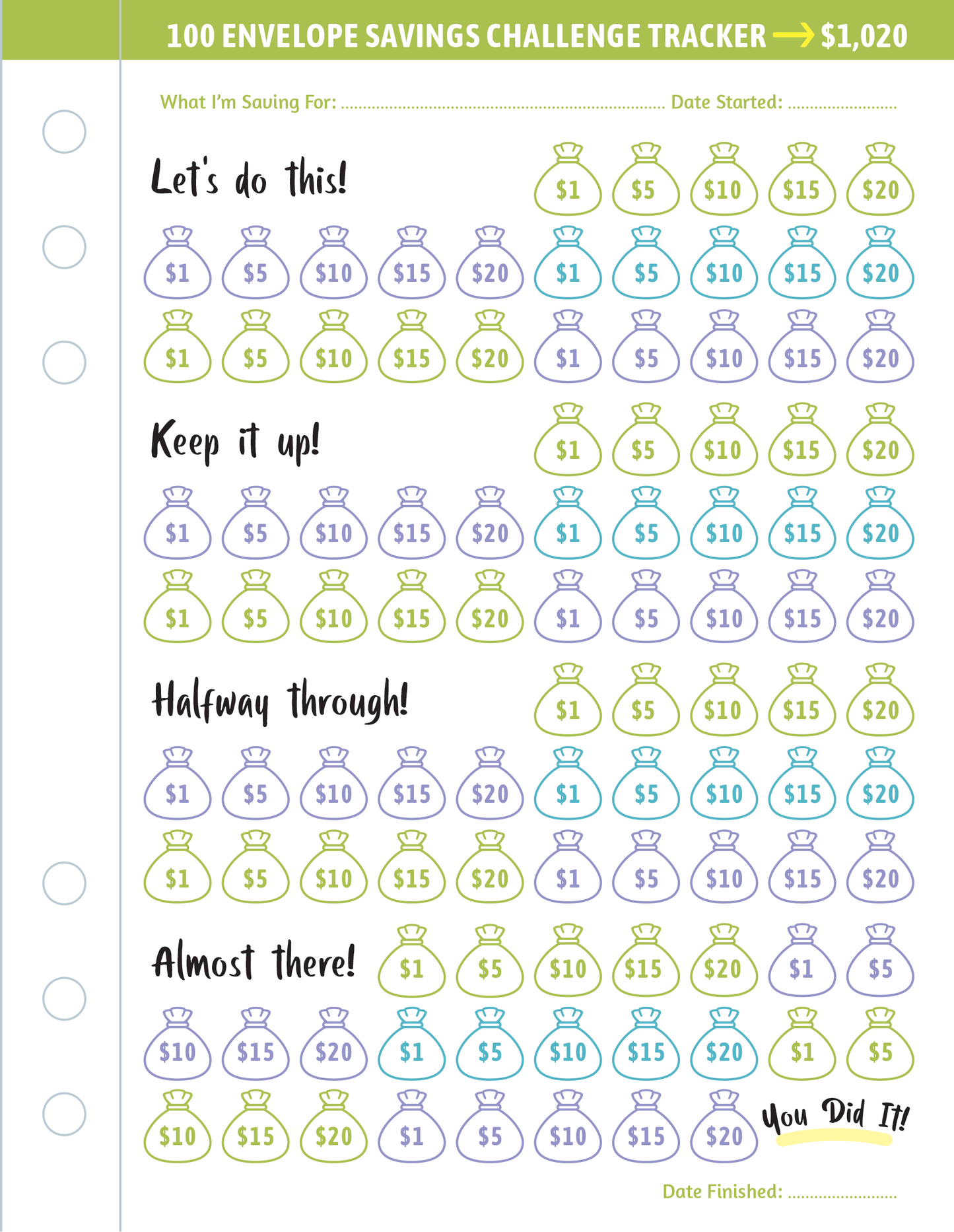 My 100 Envelope Savings Challenge Binder