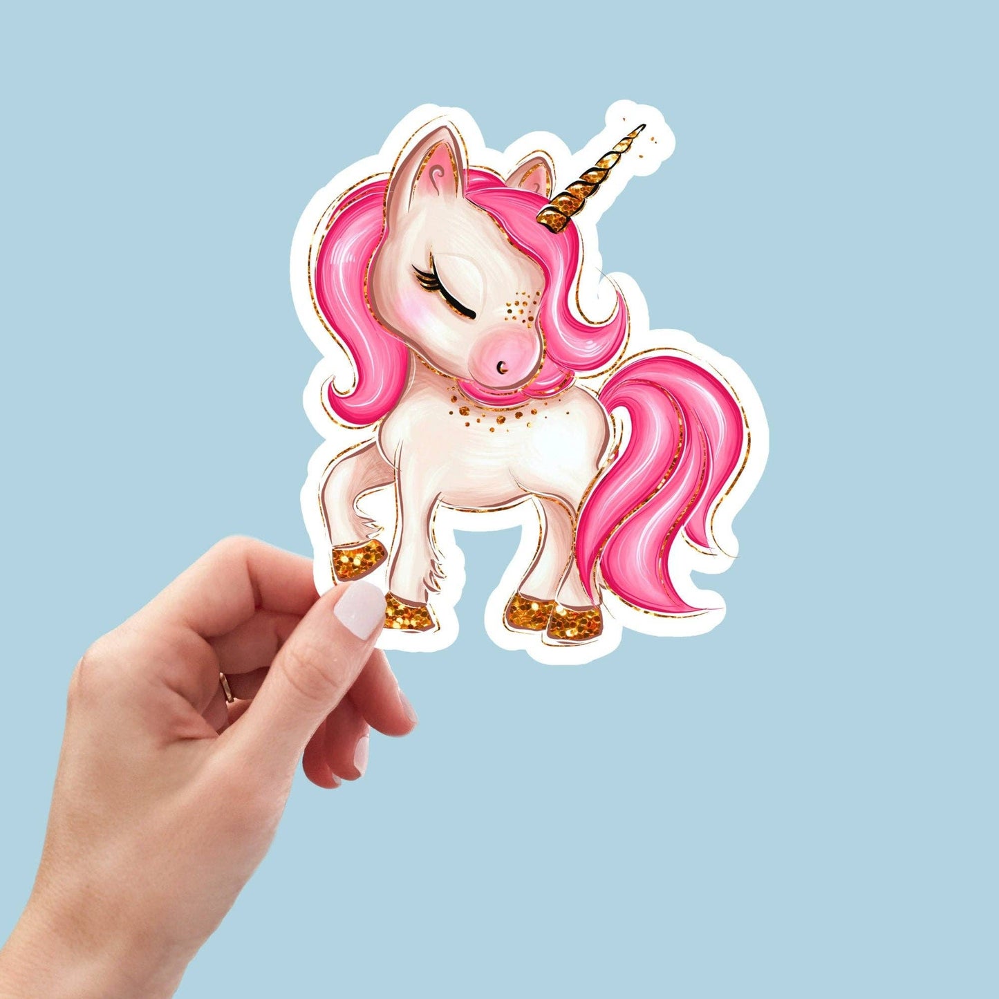 Pink Unicorn Cute Sticker with Closed Eyes / Waterproof: Waterproof Matte