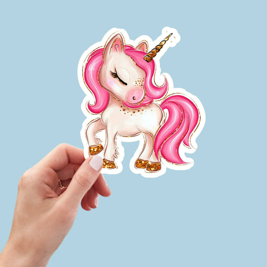 Pink Unicorn Cute Sticker with Closed Eyes / Waterproof: Waterproof Matte
