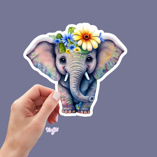 Cute handmade Vintage Baby Elephant Sticker with Flowers: Waterproof Matte