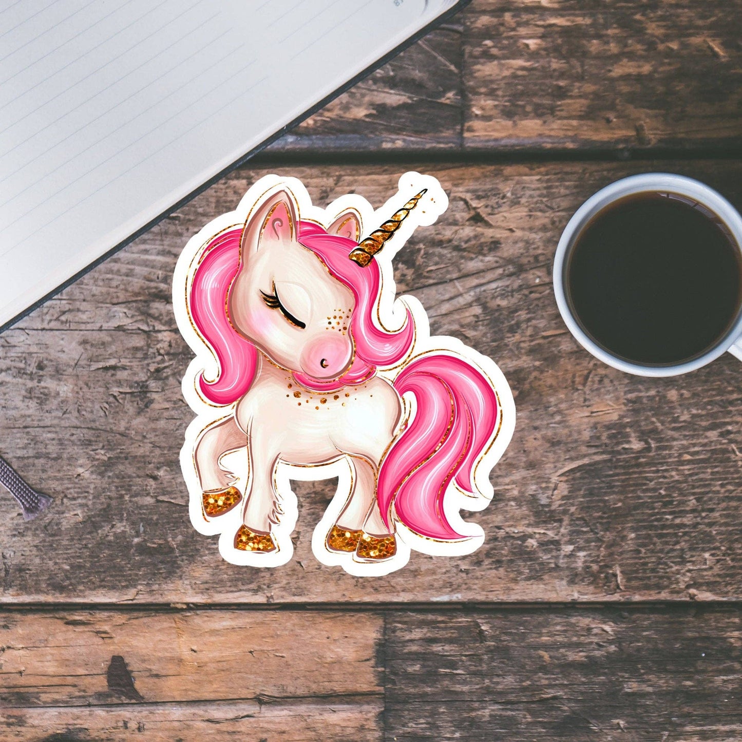 Pink Unicorn Cute Sticker with Closed Eyes / Waterproof: Waterproof Matte
