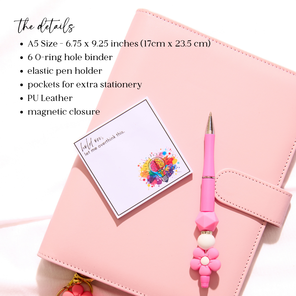 A5 Binder: 6 Hole with Elastic Pen Holder & Magnetic Closure: Navy Blue