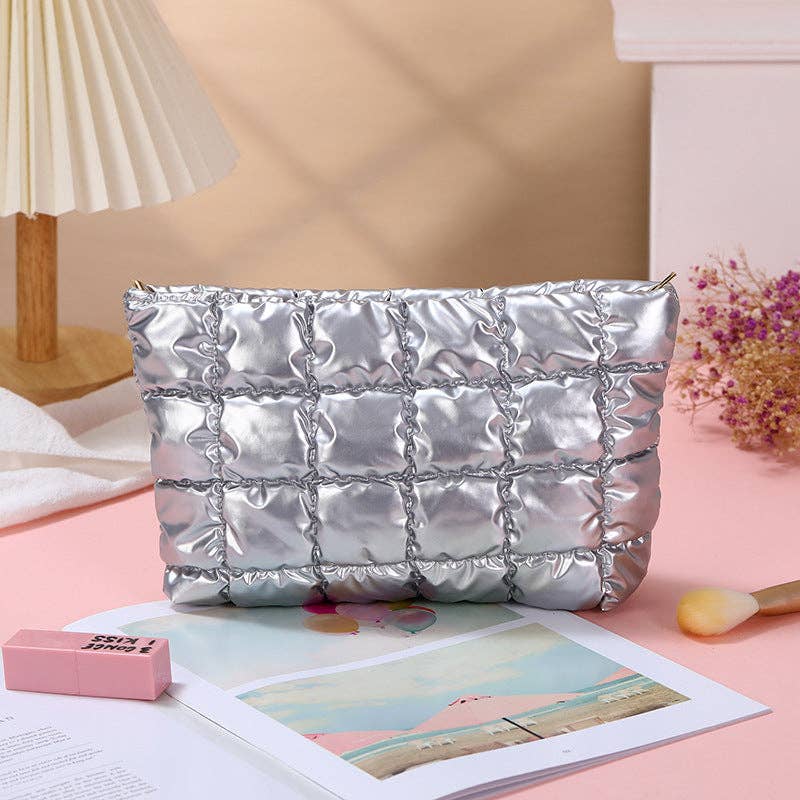 Puffer cosmetic bag small toiletry zipper bag: Cream White