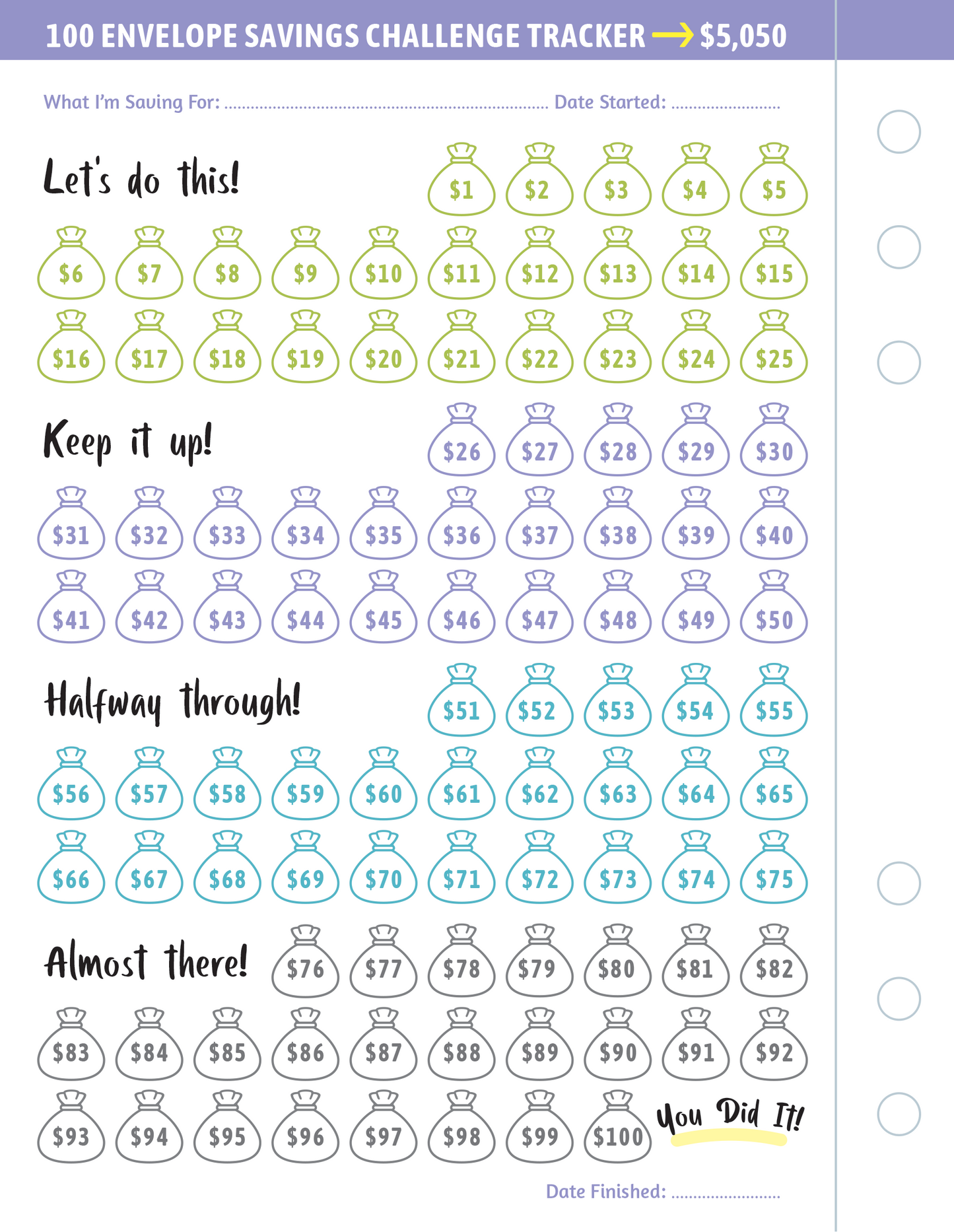 My 100 Envelope Savings Challenge Binder