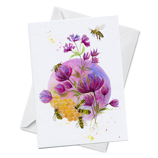 Greeting Card - Honeycomb - Watercolor Flowers Bees