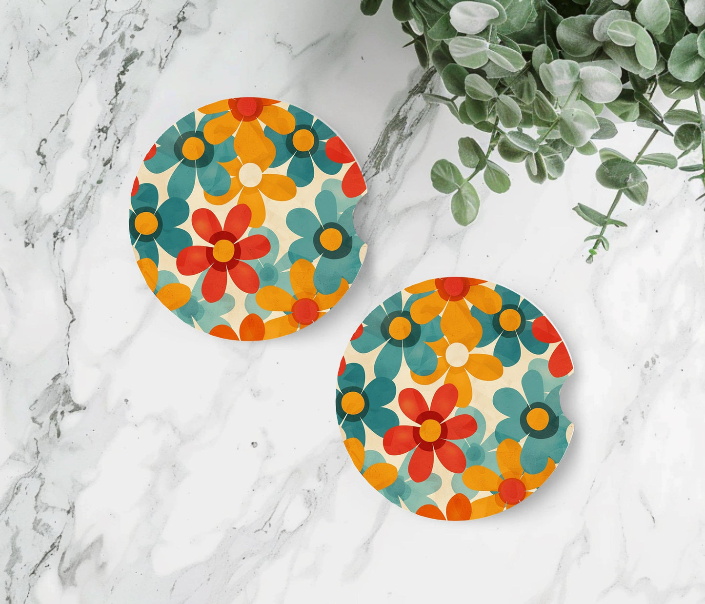 Retro Flowers Car Coasters - Neoprene Set of 2