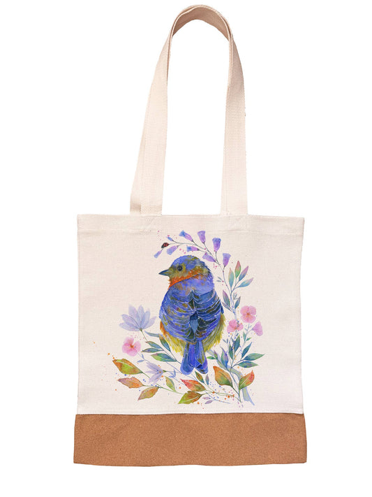 Linen/Canvas Tote Bag - Blue Bell - Bird and Flowers