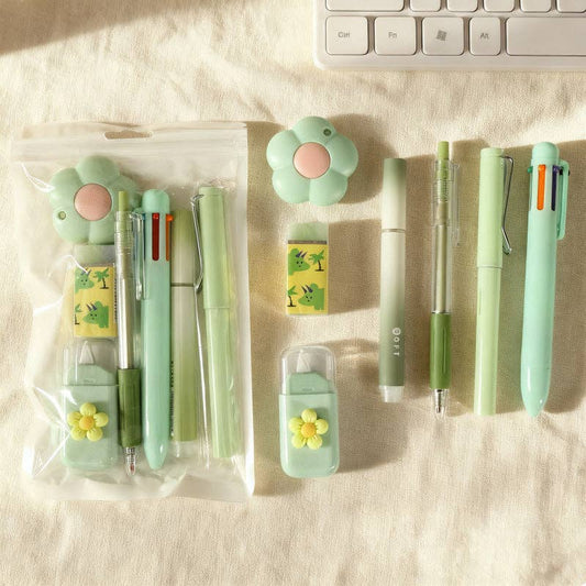 7pcs flower themed stationery set gift for students: Green