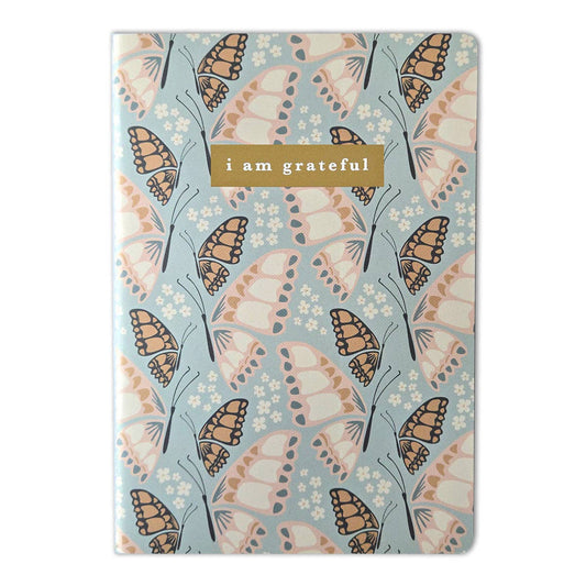 Butterfly Floral "I Am Grateful" Jotter Notebook — Gold Foil with Dotted Grid Pages B6 Size