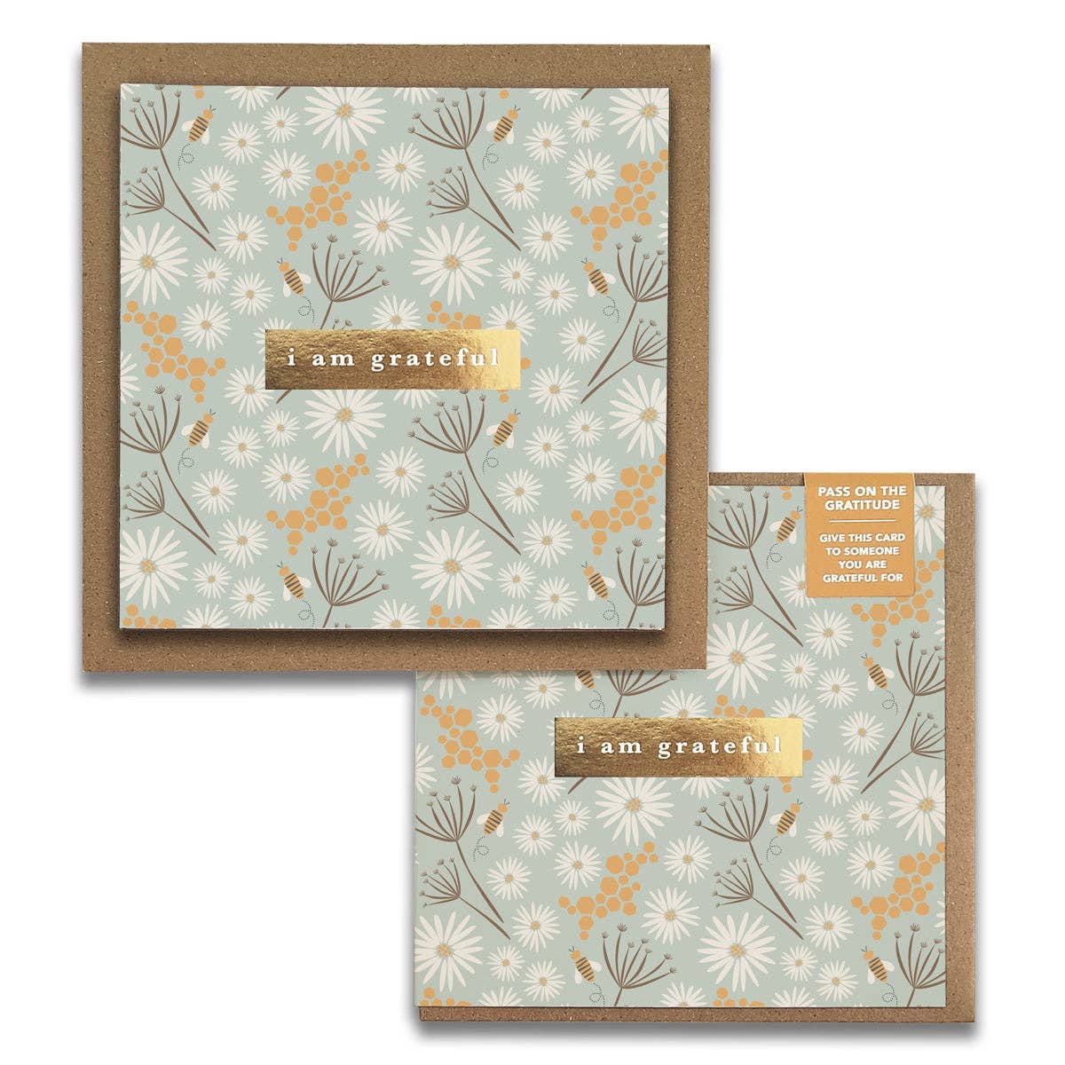 Bees Floral "I Am Grateful" Gratitude Greeting Cards (Set of 2) — Pay-It-Forward Thank You Cards