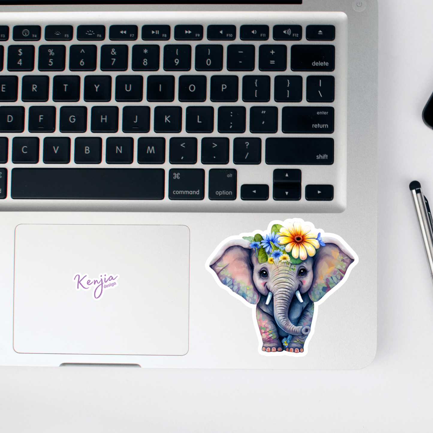Cute handmade Vintage Baby Elephant Sticker with Flowers: Waterproof Matte