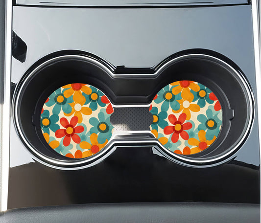 Retro Flowers Car Coasters - Neoprene Set of 2