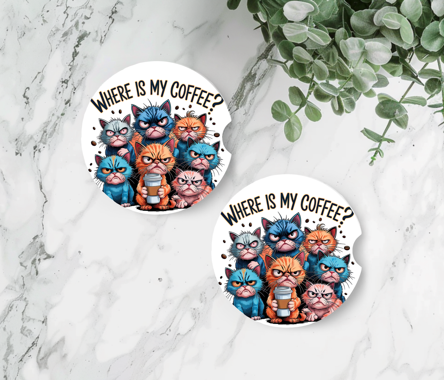 Cat Coffee Car Coasters - Neoprene Set of 2