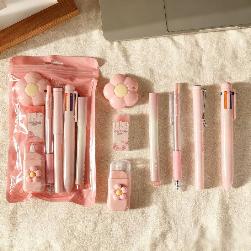 7pcs flower themed stationery set gift for students: Blue