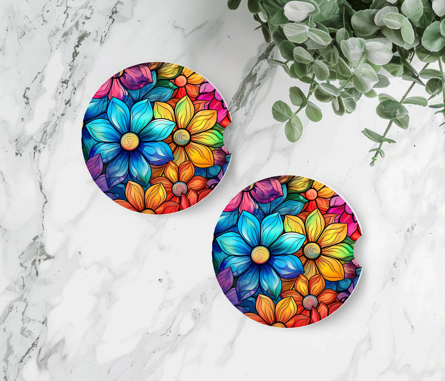 Neon Flower Car Coasters - Neoprene Set of 2