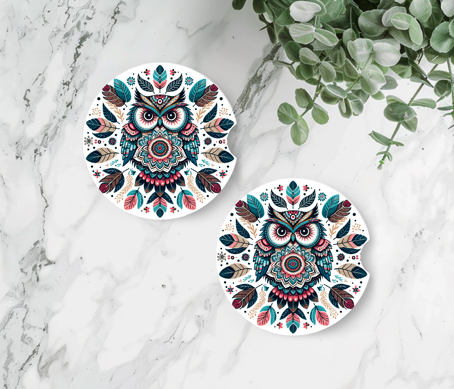 Owl Mandala Car Coasters - Neoprene Set of 2