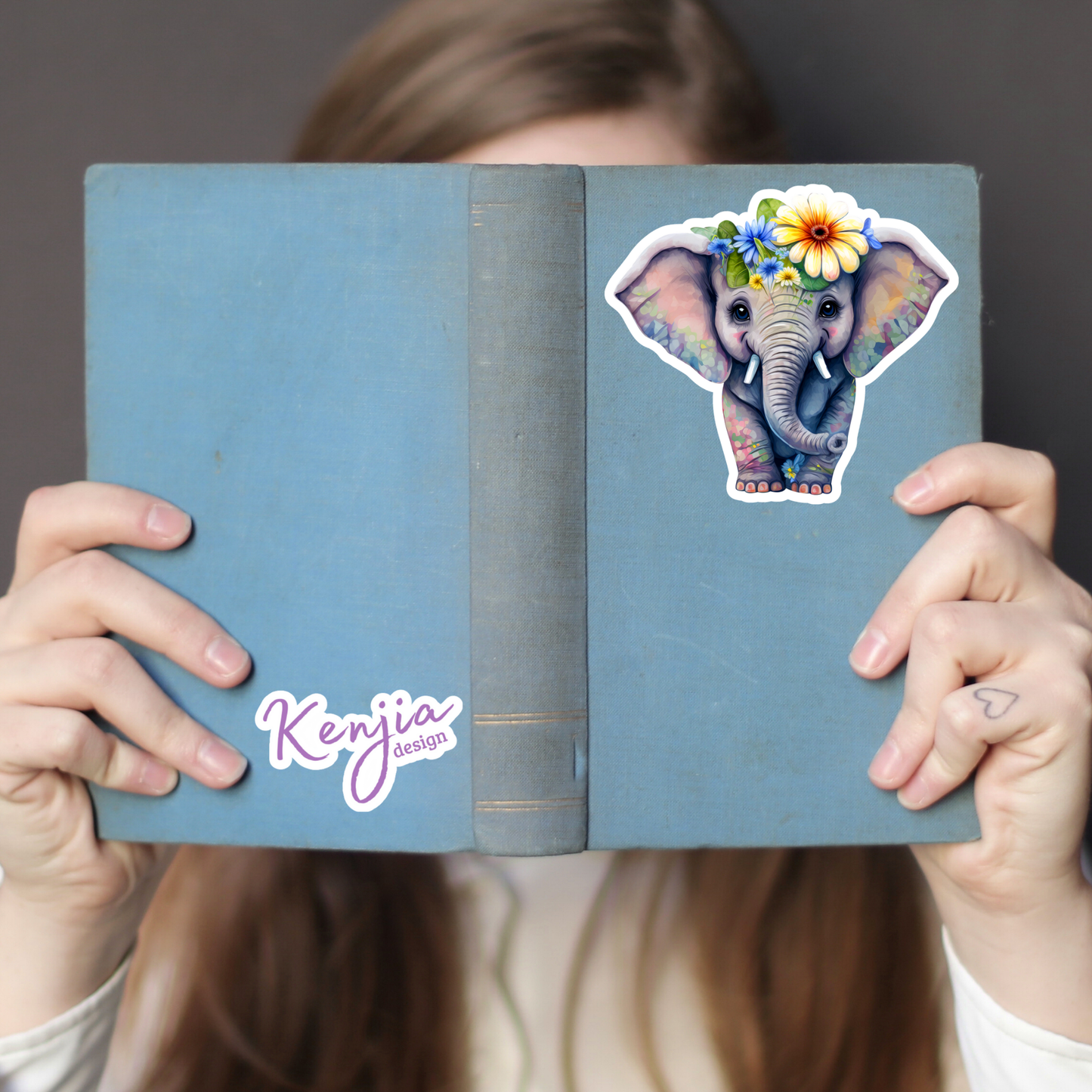 Cute handmade Vintage Baby Elephant Sticker with Flowers: Waterproof Matte
