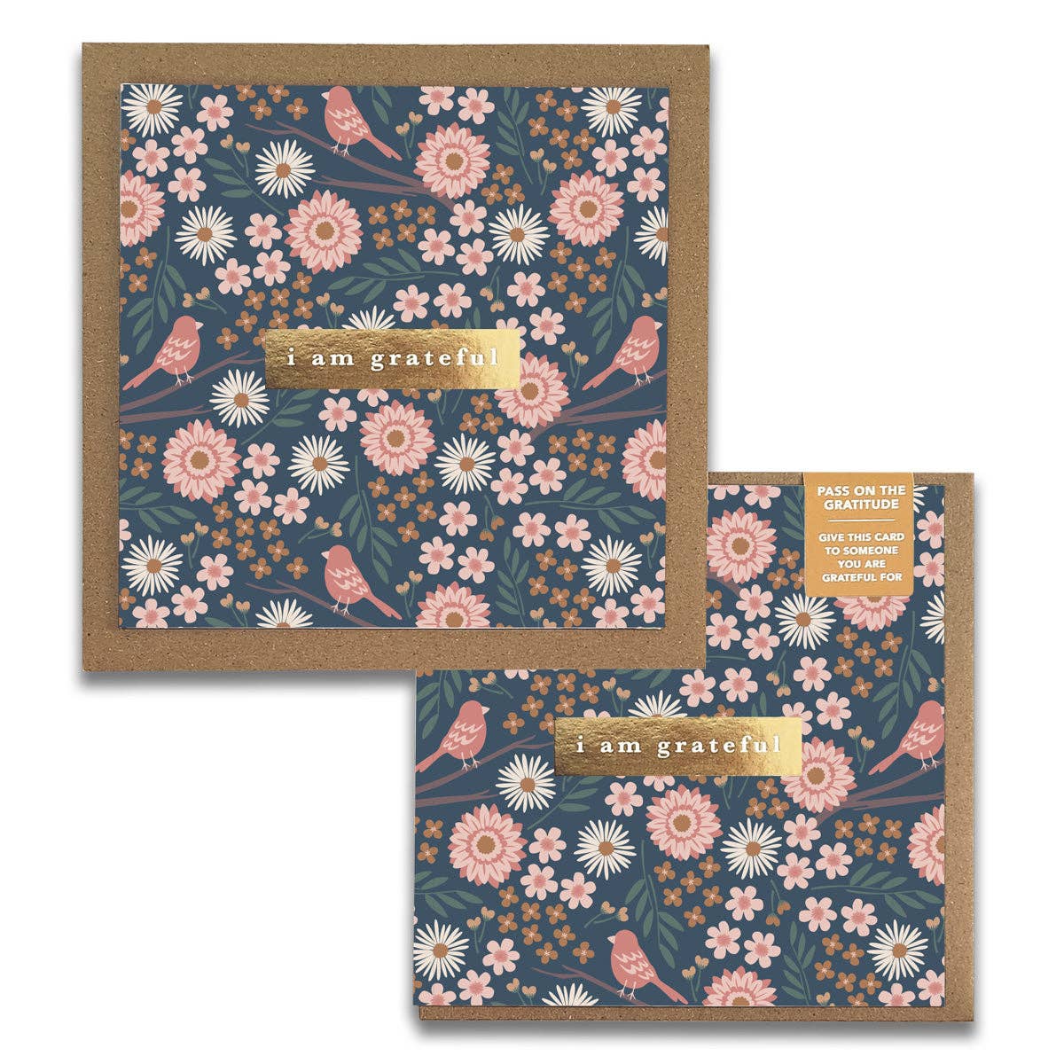 Birdy Floral "I Am Grateful" Gratitude Greeting Cards (Set of 2) — Pay-It-Forward Thank You Cards