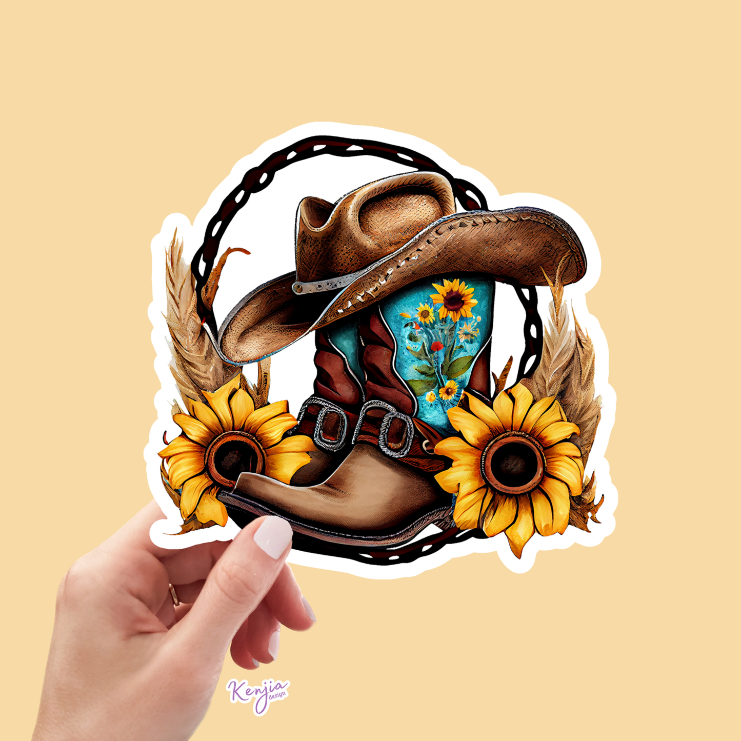 Cute Western Boots Sticker with Watercolor Effect: Waterproof Matte