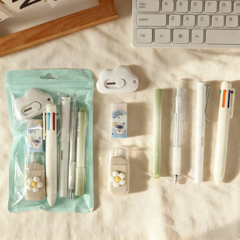 7pcs flower themed stationery set gift for students: Blue