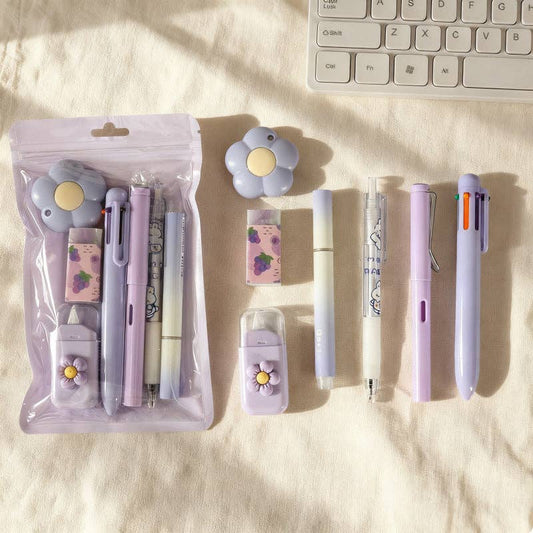 7pcs flower themed stationery set gift for students: Purple