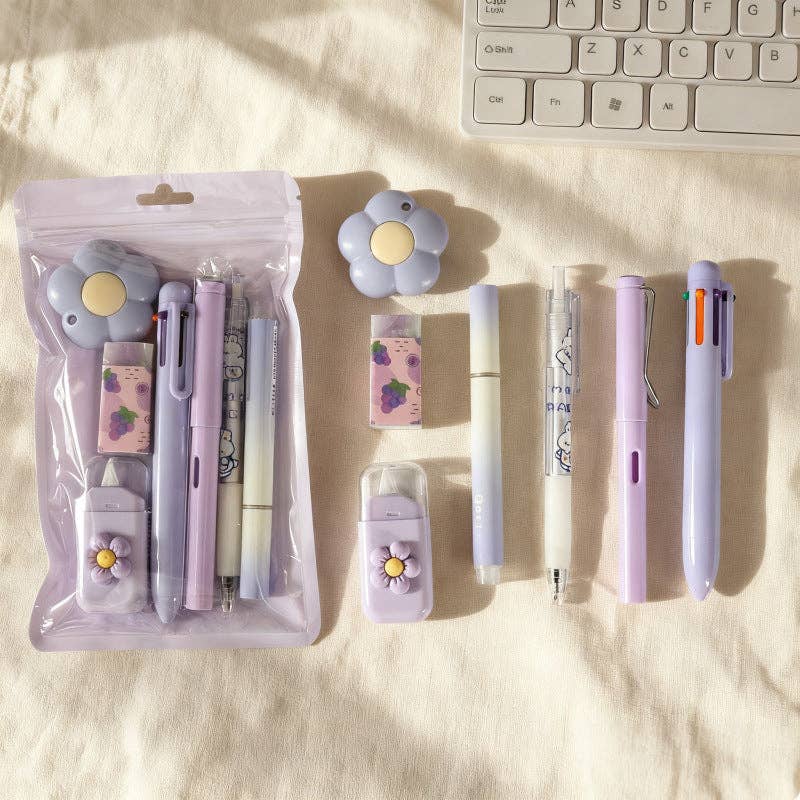 7pcs flower themed stationery set gift for students: Pink