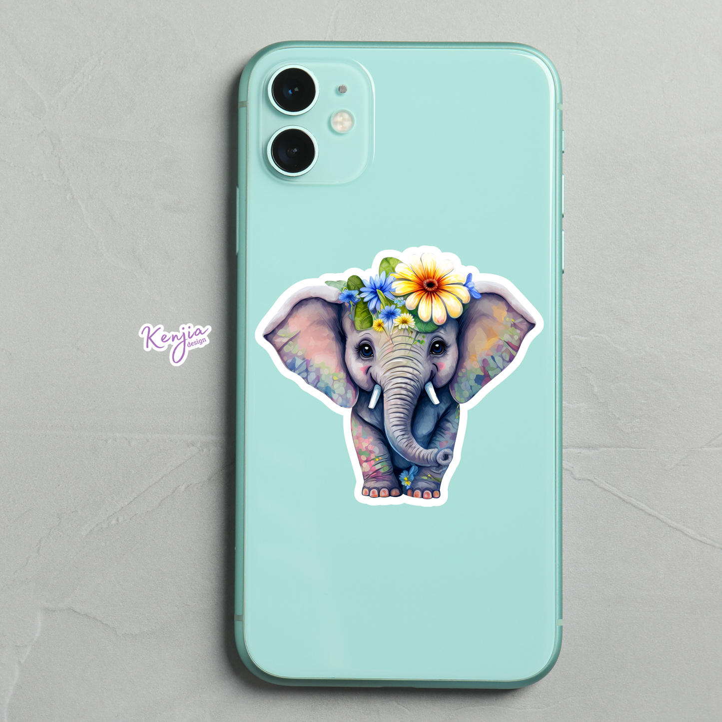 Cute handmade Vintage Baby Elephant Sticker with Flowers: Waterproof Matte