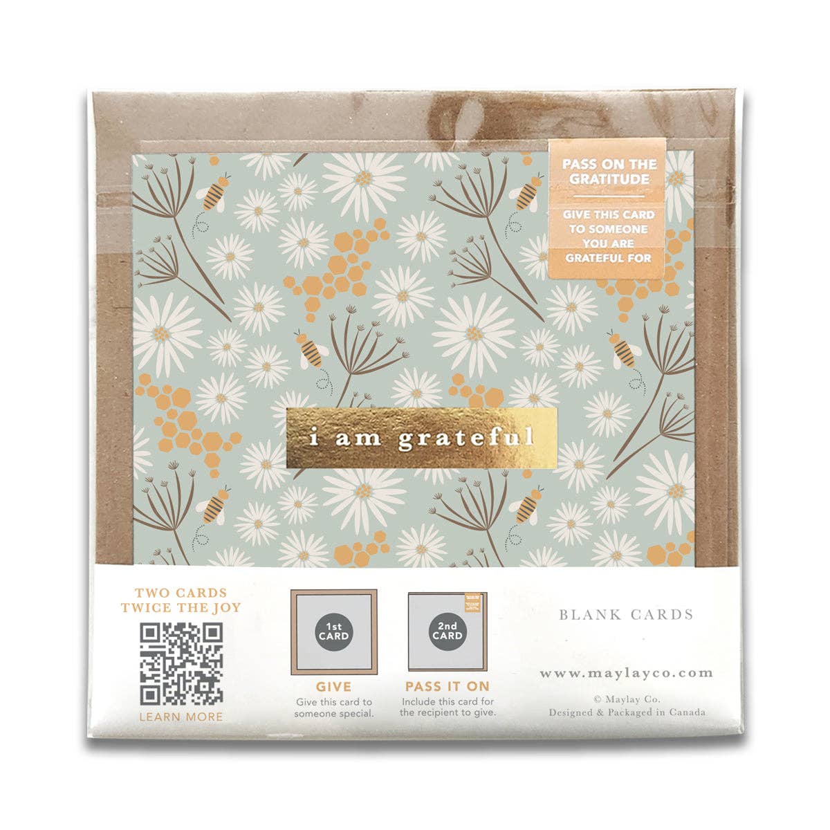 Bees Floral "I Am Grateful" Gratitude Greeting Cards (Set of 2) — Pay-It-Forward Thank You Cards