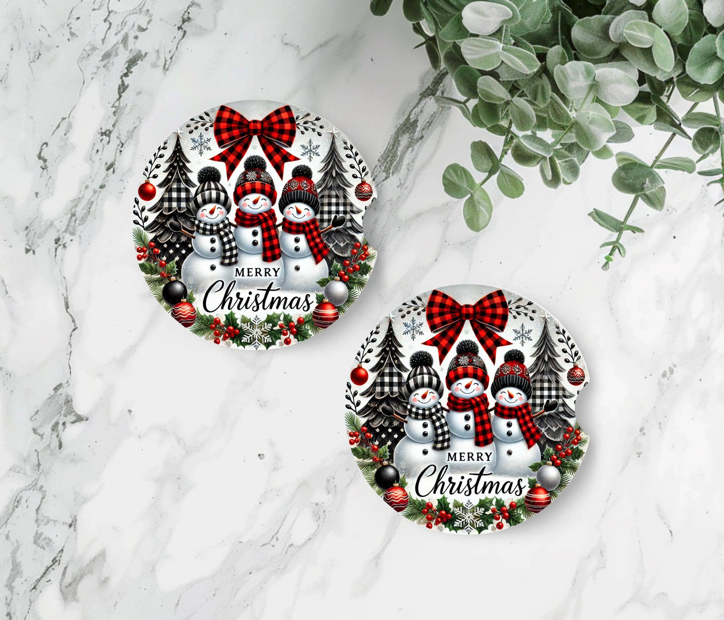 Snowmen Merry Christmas Car Coasters - Neoprene Set of 2