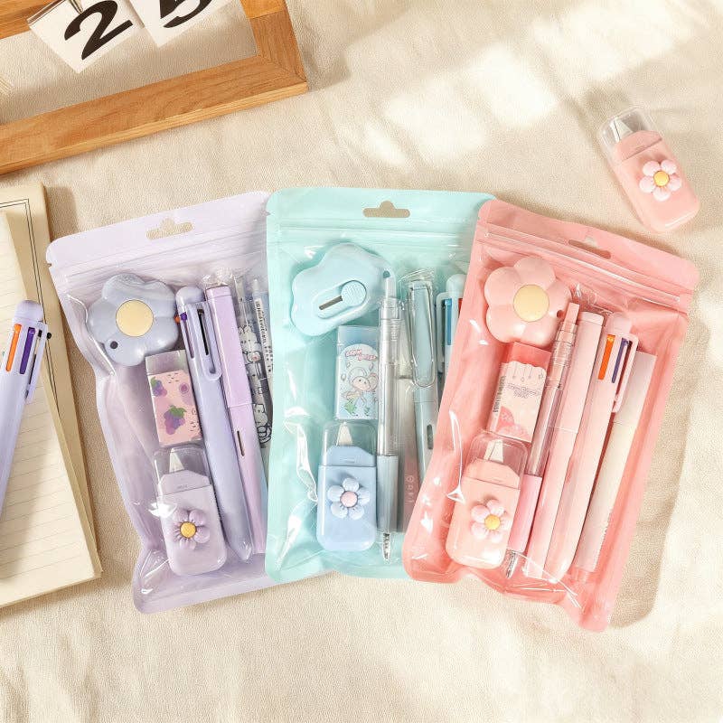 7pcs flower themed stationery set gift for students: Purple