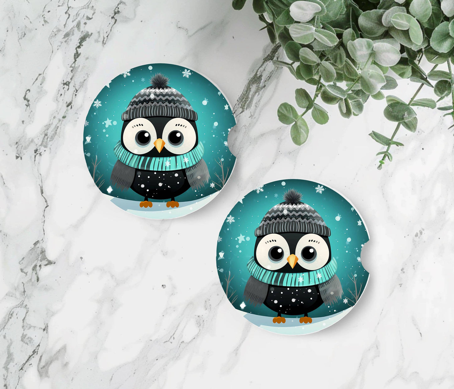 Winter Owl Christmas Car Coasters - Neoprene Set of 2