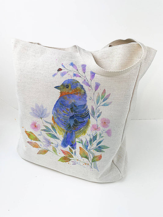 Large Linen/Canvas Tote Bag - Blue Bell - Bird with Flowers