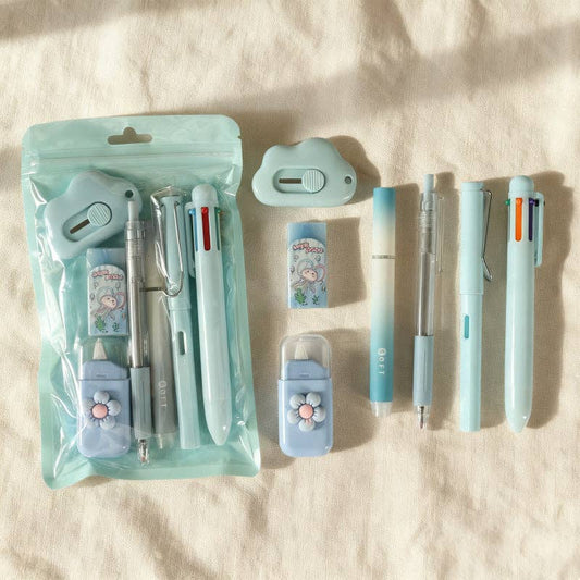 7pcs flower themed stationery set gift for students: Blue