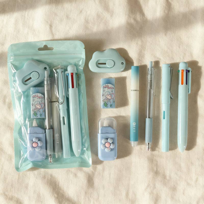 7pcs flower themed stationery set gift for students: Purple