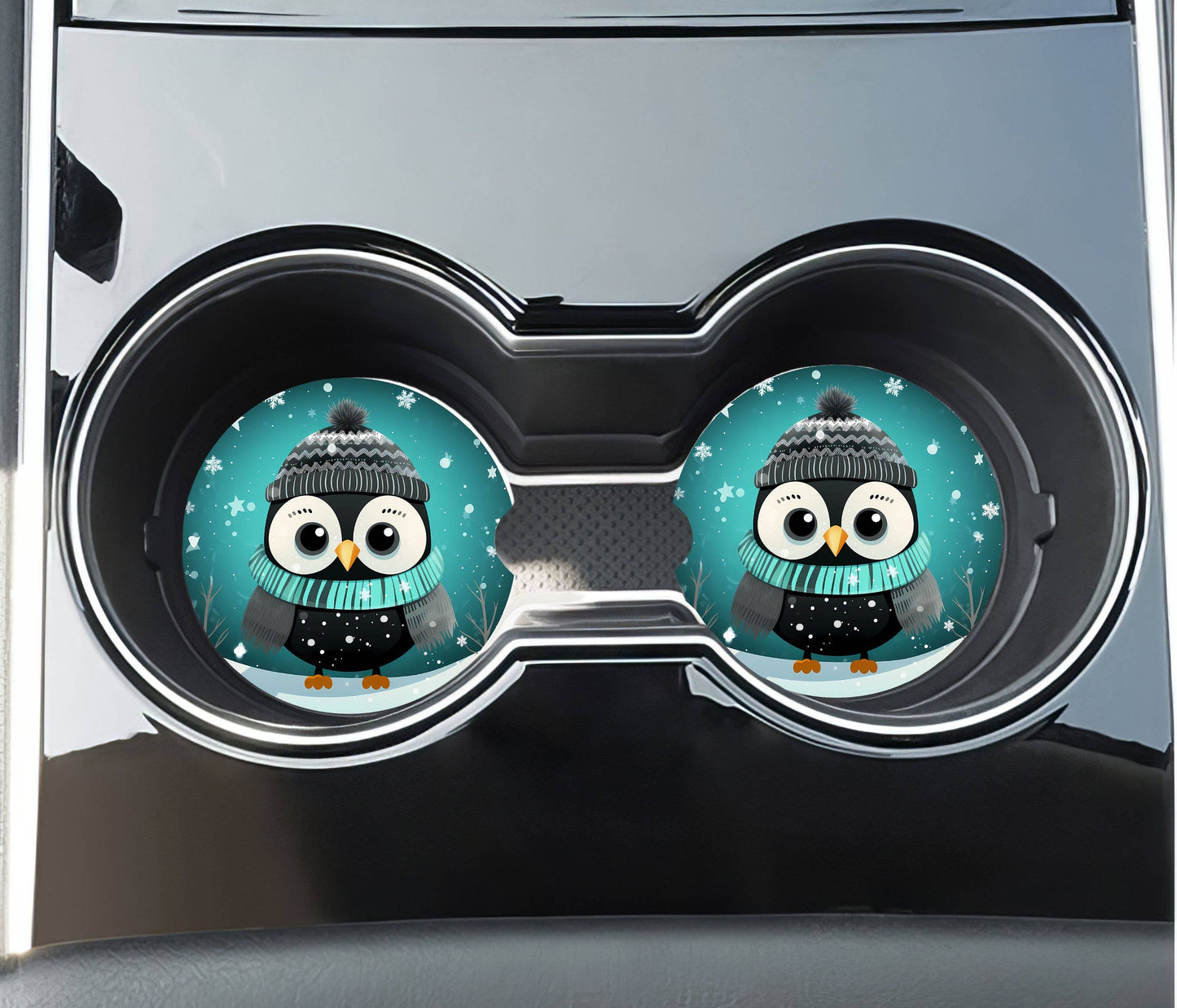 Winter Owl Christmas Car Coasters - Neoprene Set of 2