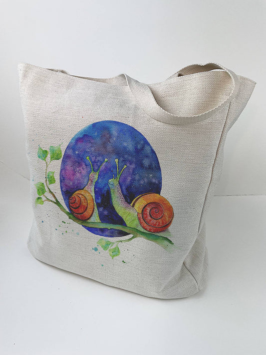 Large Linen/Canvas Tote Bag - Stargazing - Cute Snails