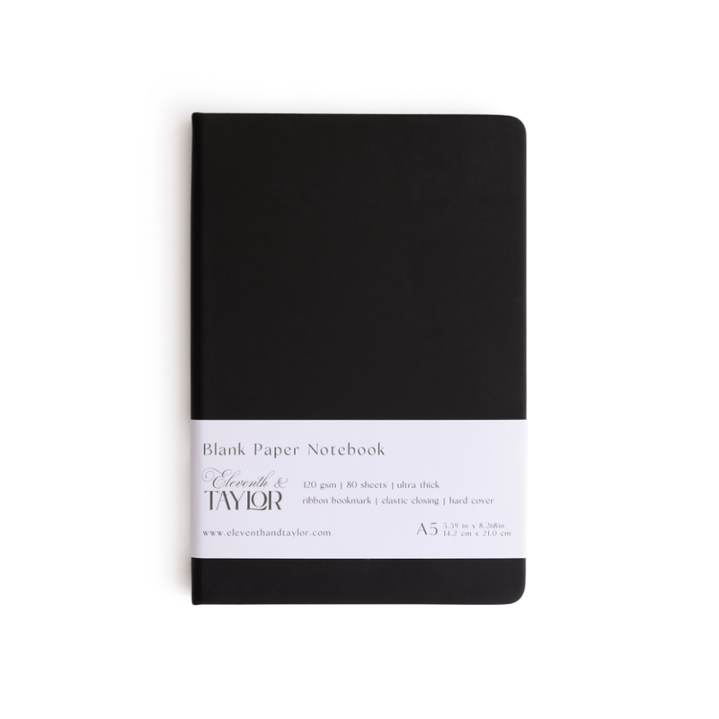 160 Page A5 Blank Journals: 120 GSM Thick Blank Card Stock: Black