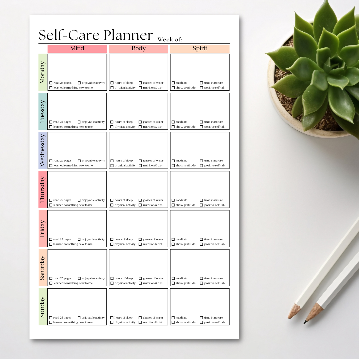 Weekly Self-Care Planner: 50 Page Tear-Off Notepad
