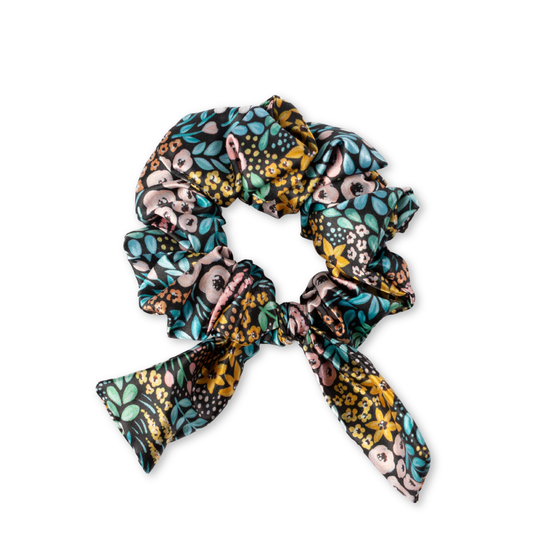 Black Floral Satin Scrunchie